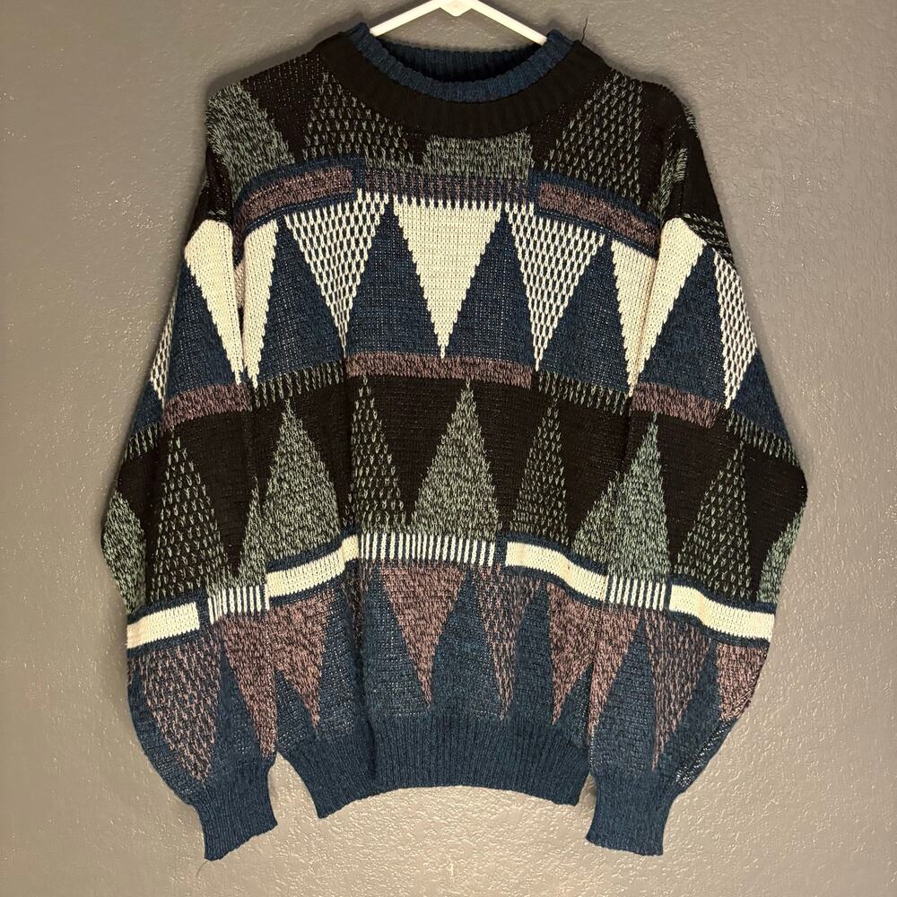 Vintage 90s Michael Gerald Knit Sweater Mens M  Green Geometric Grandpa Retro